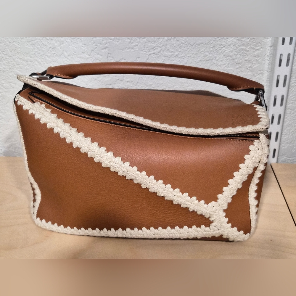 Rare Find! Loewe Calfskin Crochet Trim Medium Puzzle Bag